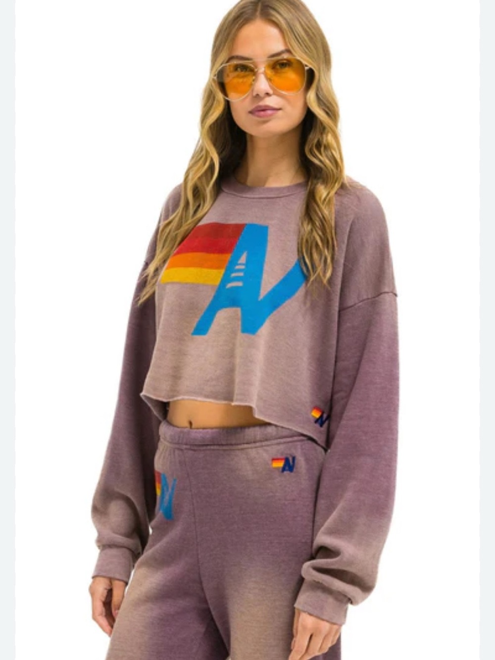 Aviator Nation Vintage Logo Cropped Crew  Sweatshirt Relaxed Faded Mocha Large